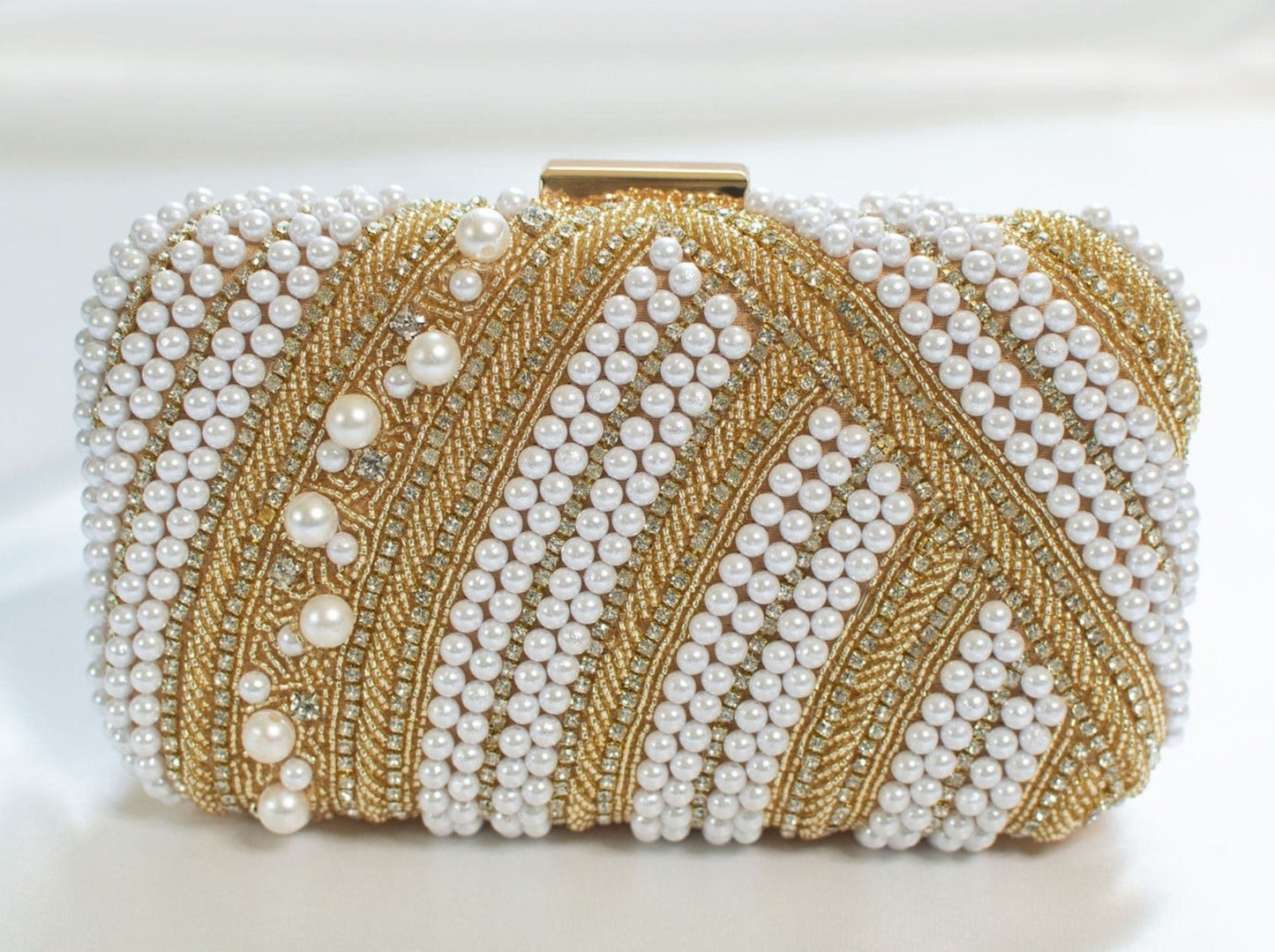 White & Gold Clutch with Pearl & Rhinestone embellishments 