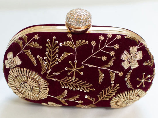 Burgundy Suede Clutch - Women's zardozi evening bag for weddings
