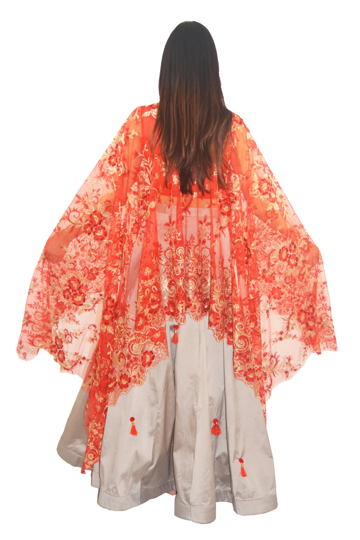 Load image into Gallery viewer, Juliette Cape Lengha - Red Cape Top w/Tassel Skirt - bAnuDesigns

