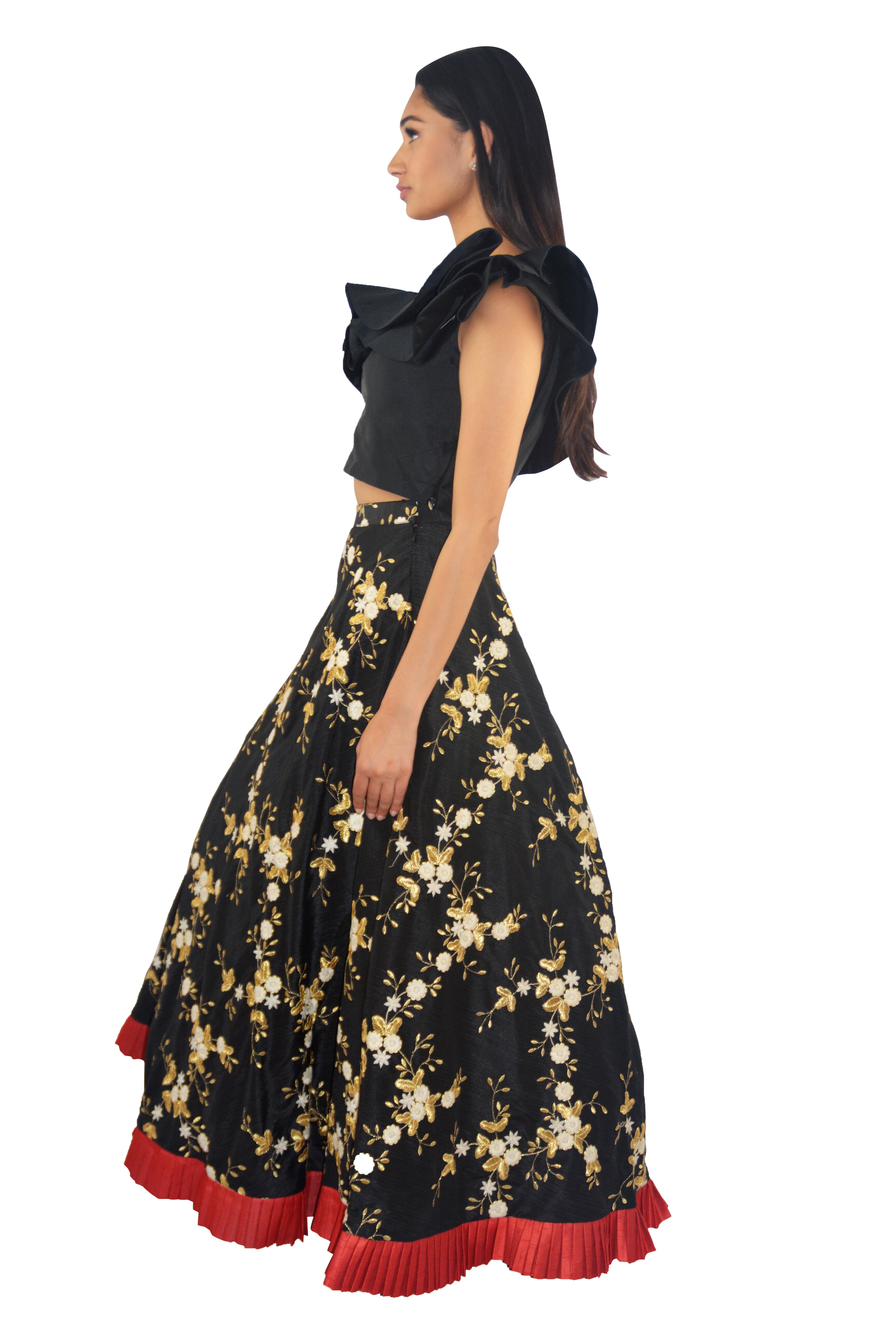 Eros Lengha - One shoulder crop top with black embroidered Lengha - bAnuDesigns