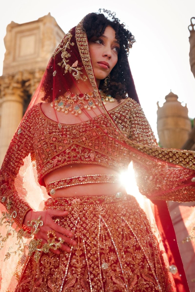Indian Modern Bridal Outfit: Red shaded Sequin Lehenga Choli Banu Designs Indian Modern Bridal Outfit: Red shaded Sequin Lehenga Choli Banu Designs