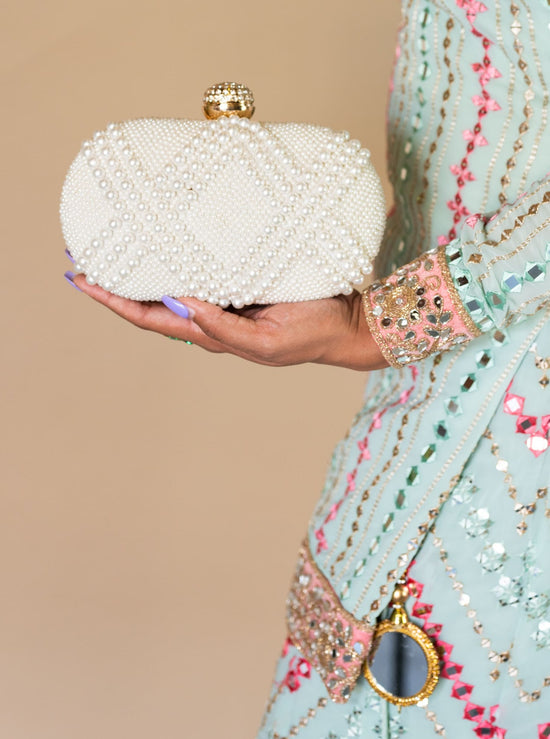 Load image into Gallery viewer, Pearl clutch bag - designer bag for Indian bridalwear
