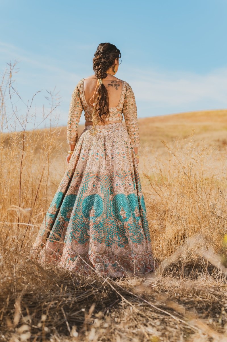 Beige Lengha w/ Resham, Pearl & Sequins: Modern Indian Dresses in USA Banu Designs Beige Lengha w/ Resham, Pearl & Sequins: Modern Indian Dresses in USA Banu Designs
