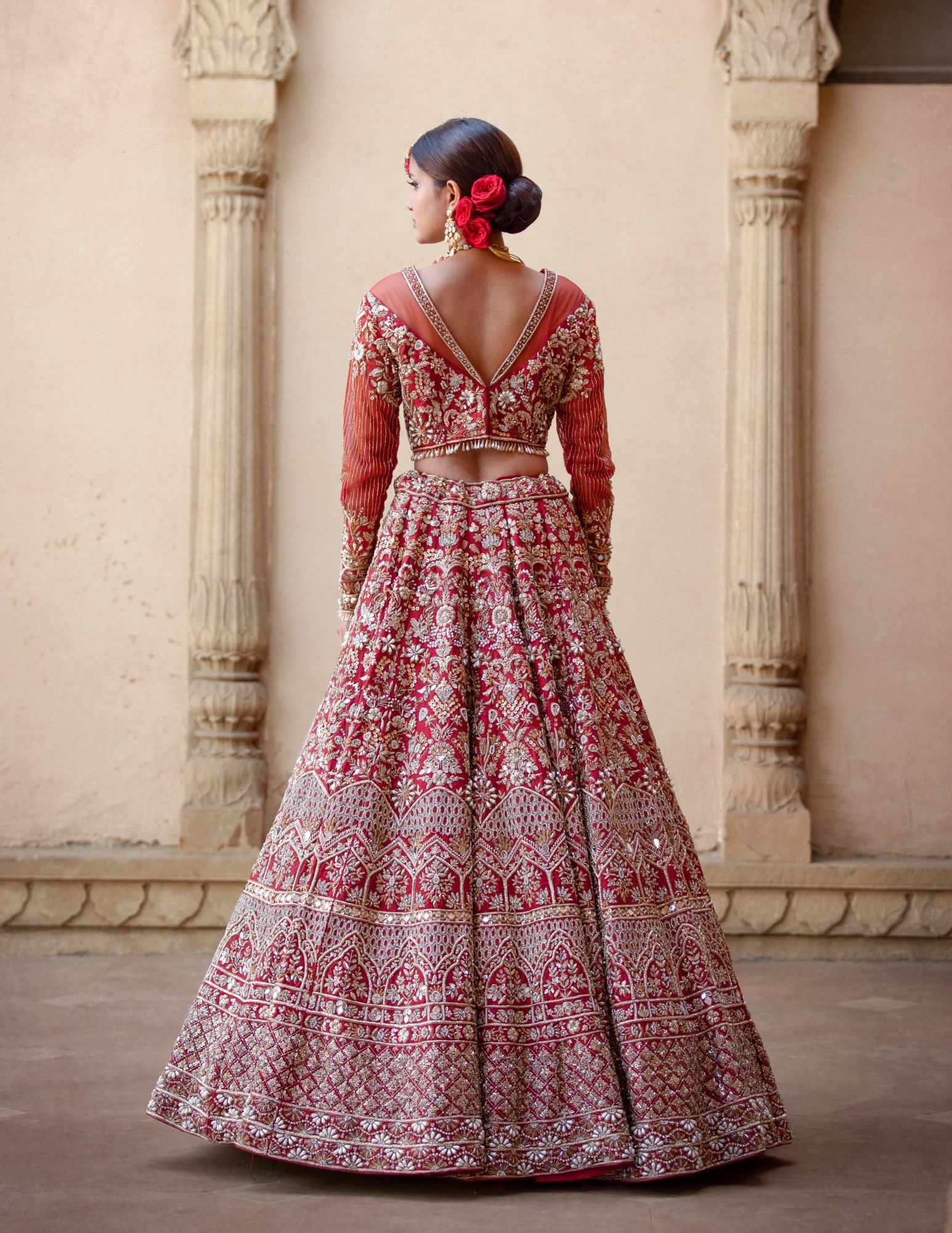 Traditional Red Bridal Lehenga in Raw Silk HandCrafted in Aari-Sequins Work  and Net Dupatta, Waistbelt - Aara Couture