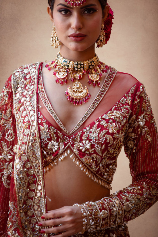 Load image into Gallery viewer, red netted lehenga
