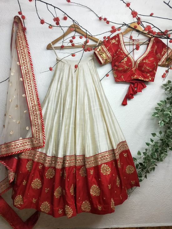 Red and White Minimalist Silk Lehenga for Modern Brides