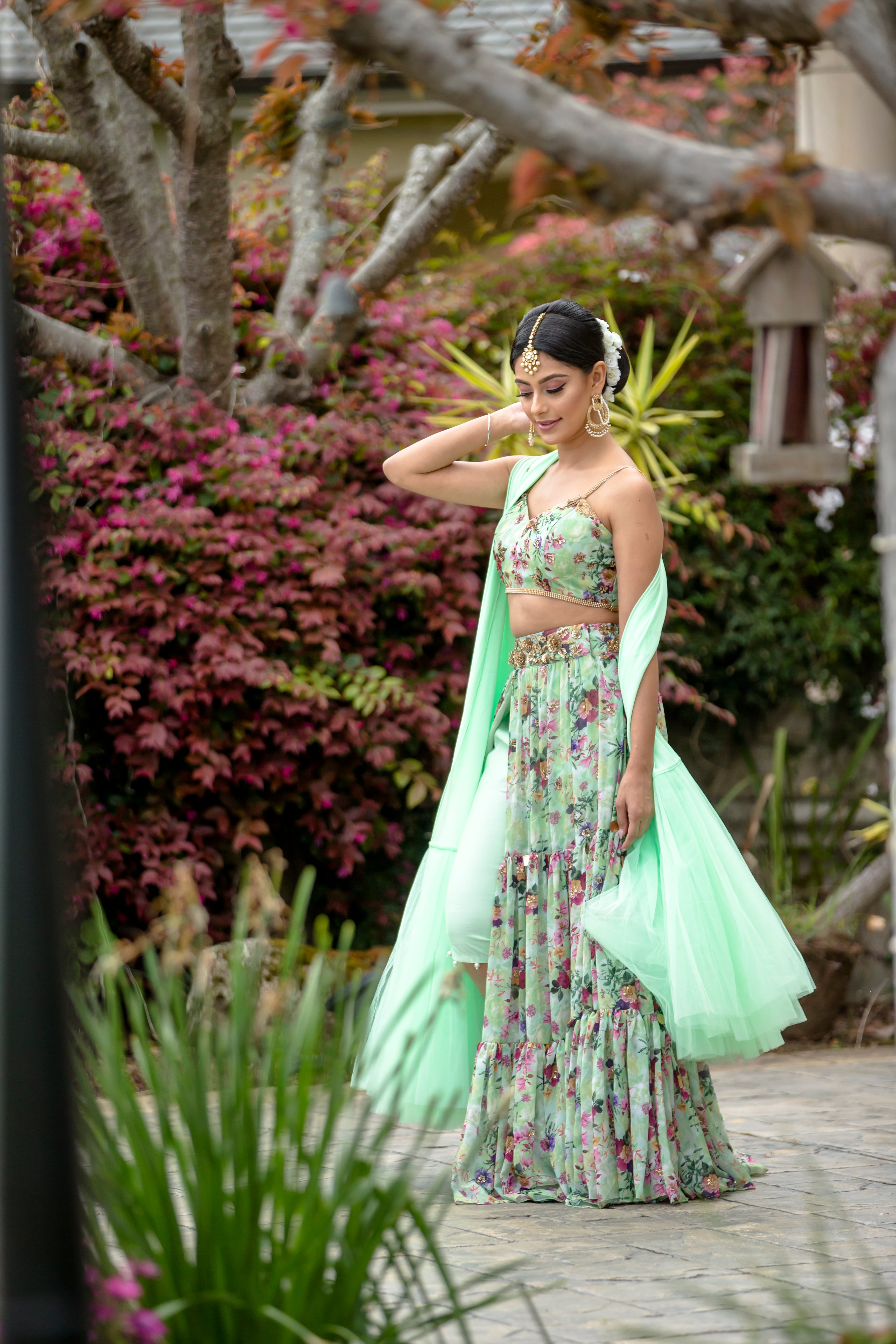 Powder Green Mehendi Lehenga Choli In Georgette With Buti And Resham Work -  House of Surya