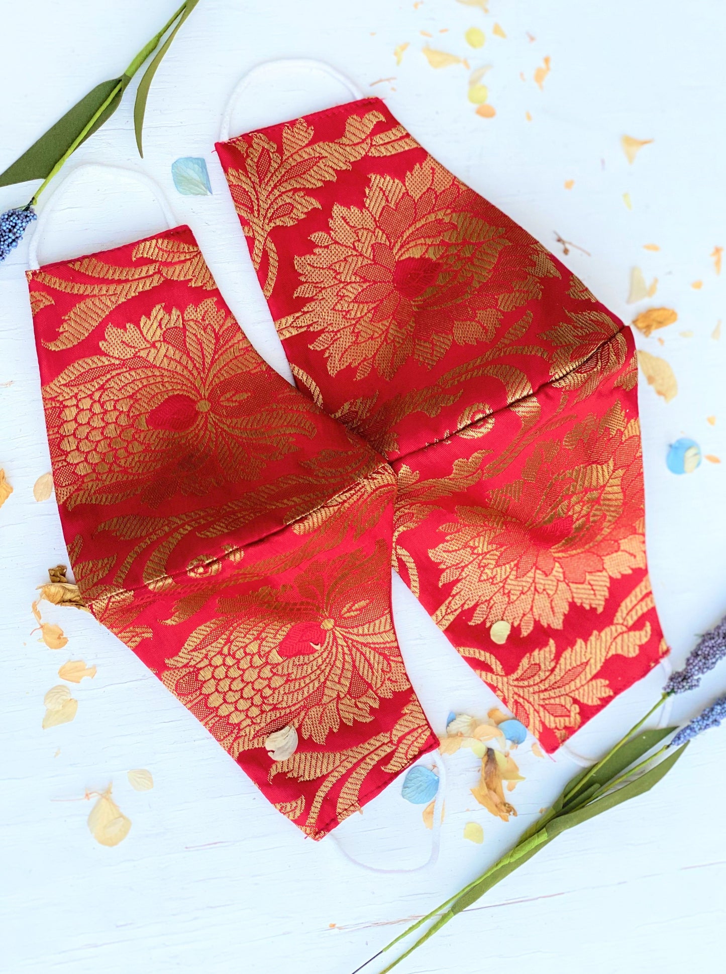 Pack of 2 Silk Fabric Face Masks for Couple - Red and Gold