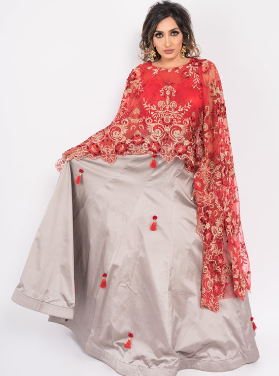 Load image into Gallery viewer, Juliette Cape Lengha - Red Cape Top w/Tassel Skirt - bAnuDesigns
