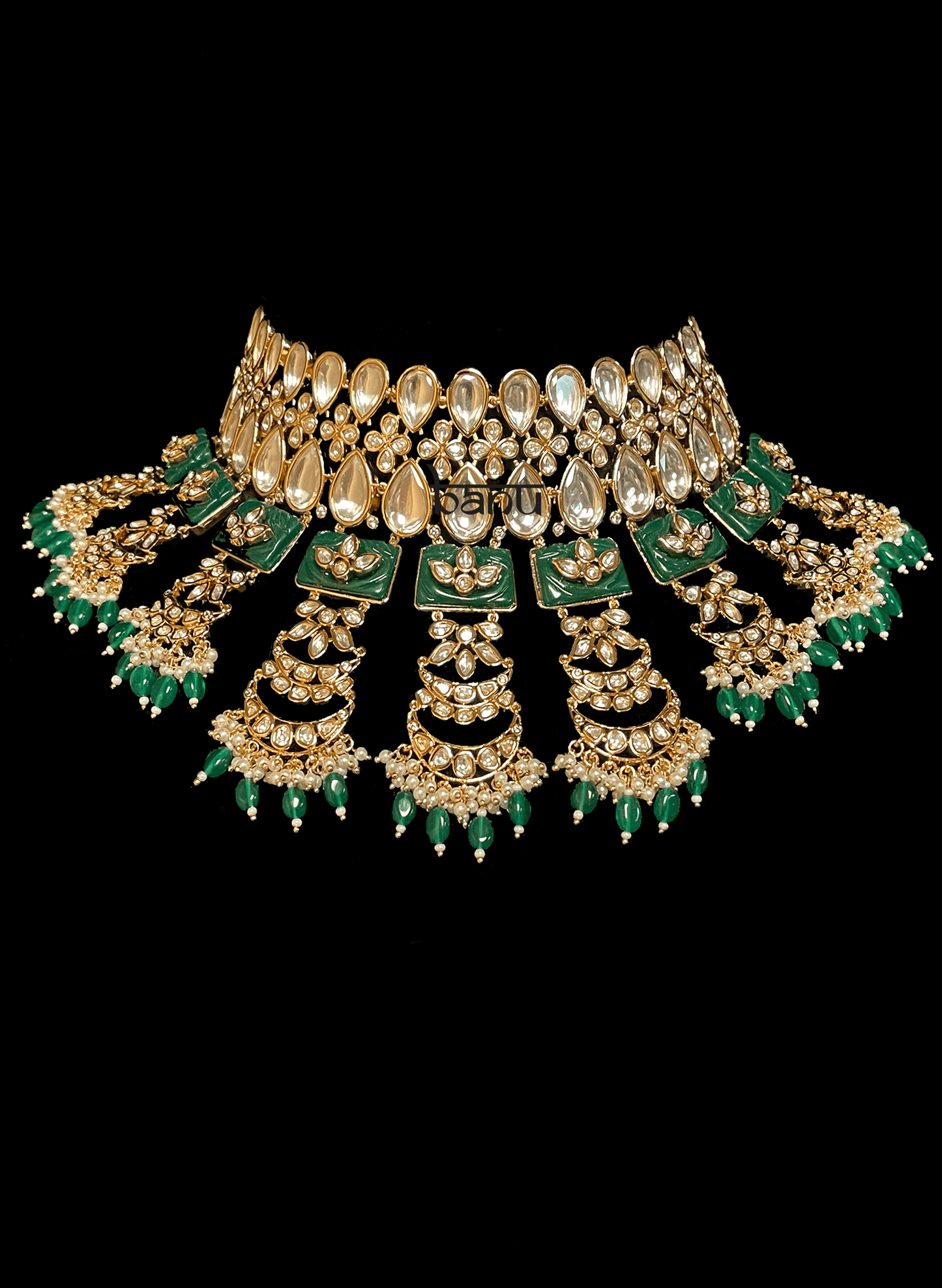 Tiana I - Indian Bridal Set w/ Emerald Drops, Kundan & Green Meenakari work