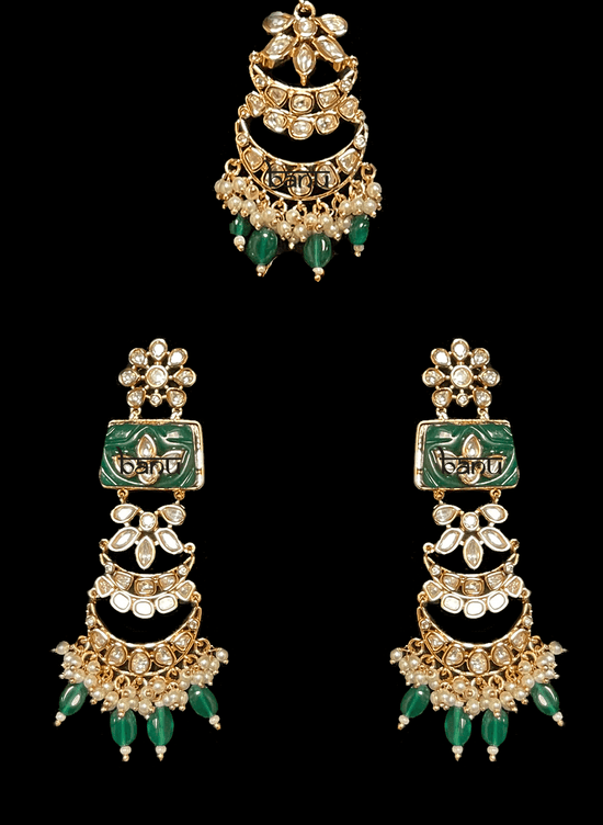 Tiana I - Indian Bridal Set w/ Emerald Drops, Kundan & Green Meenakari work
