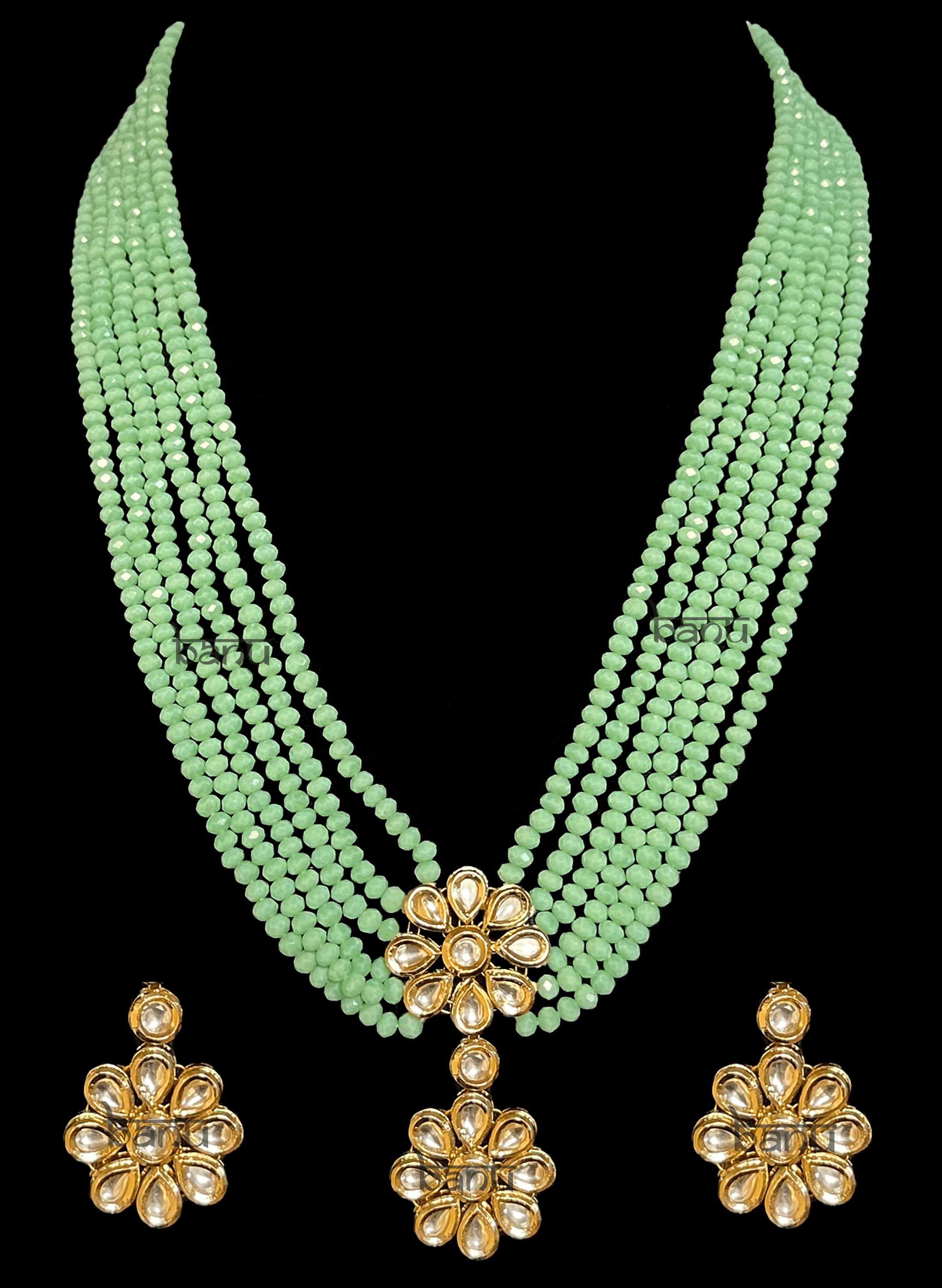 Zavia II - Indian Women's Green Mala Necklace Set w/ Kundan Pendant