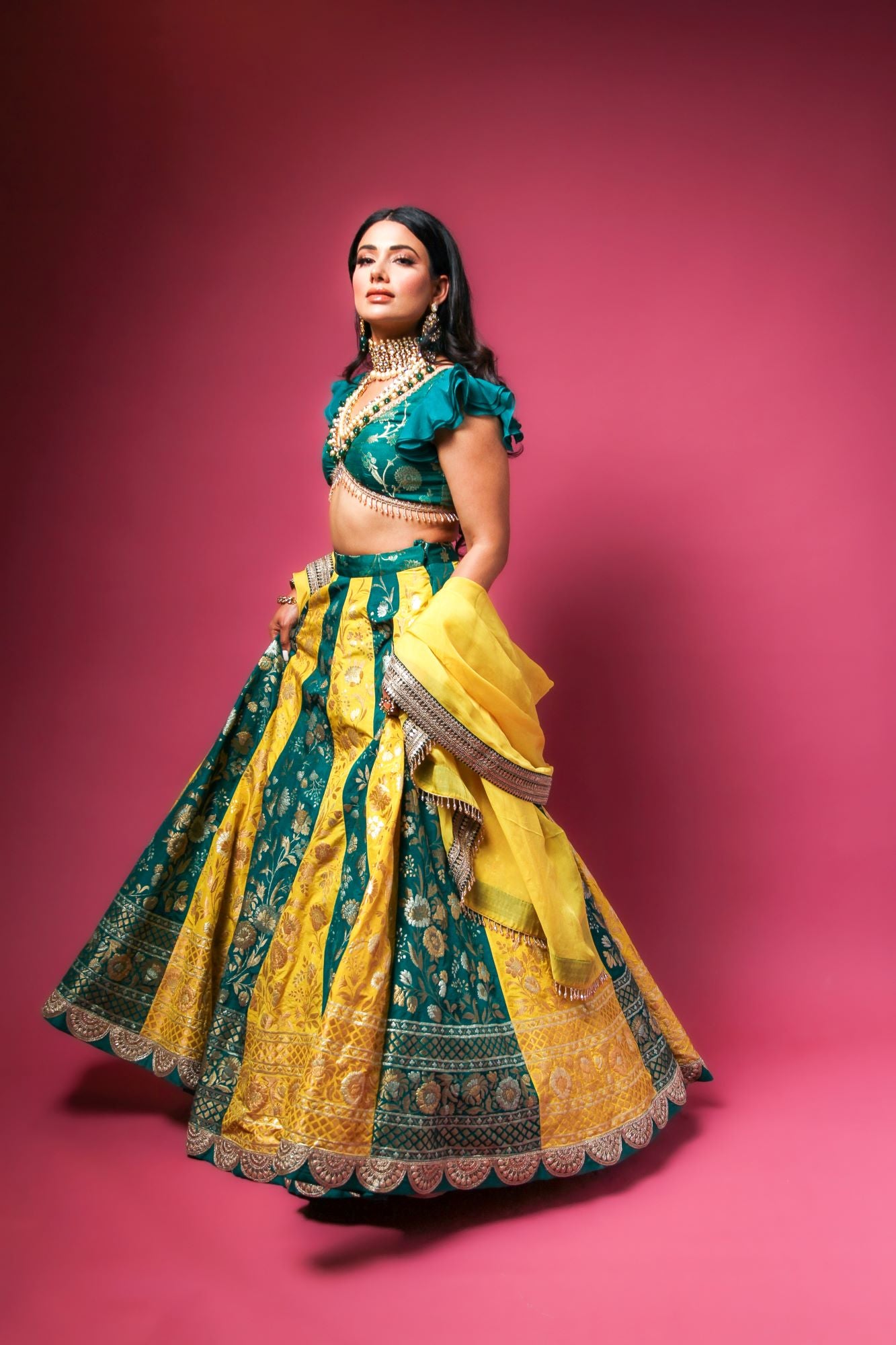 Buy Green Embroidered Silk Bandhani Printed Blouse with Yellow Crepe Lehenga  and Ombre Dupatta - Set of 3 | AAD276/SMAP1 | The loom