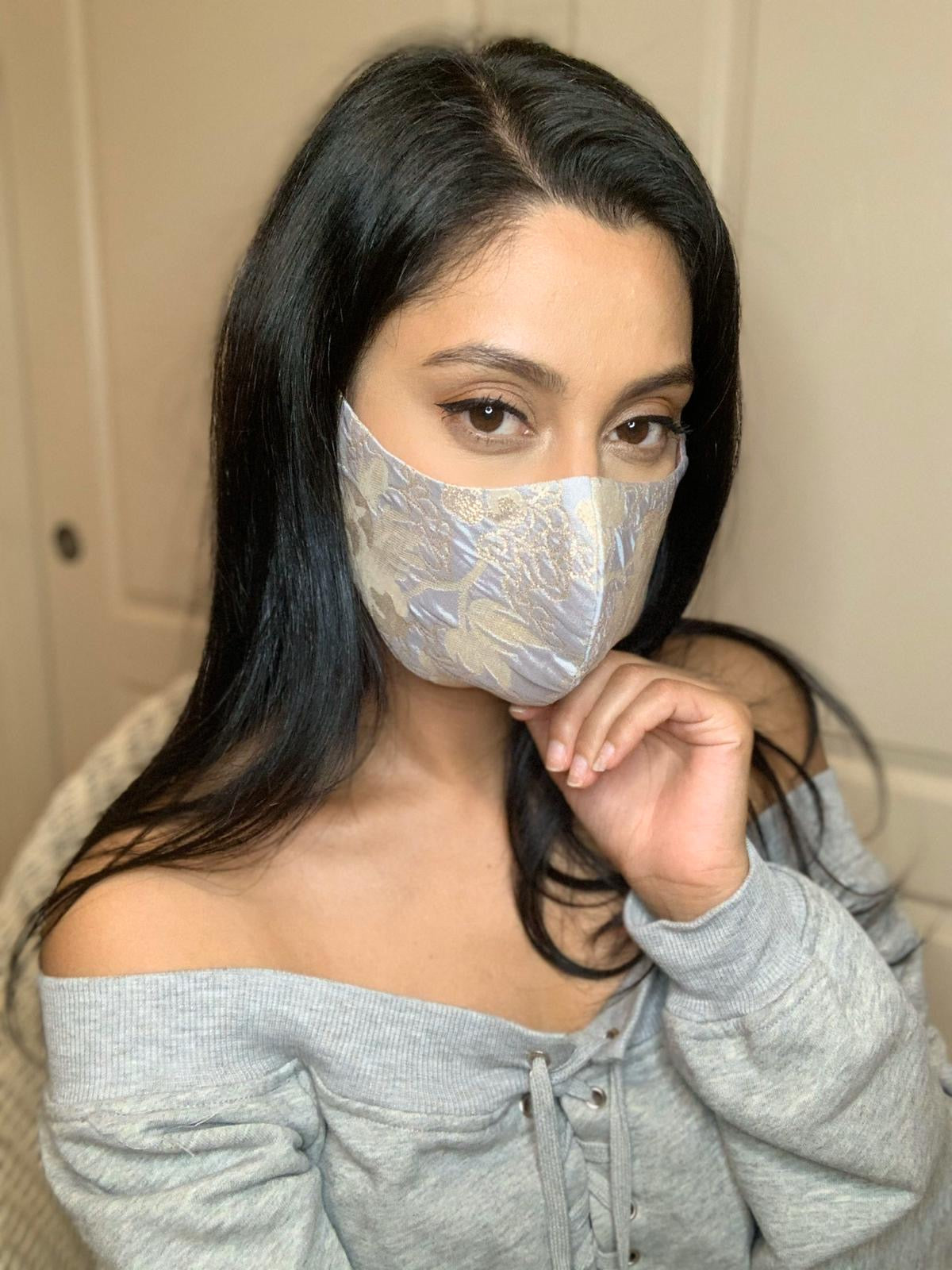 Brocade Face Mask - Silver Blue - bAnuDesigns