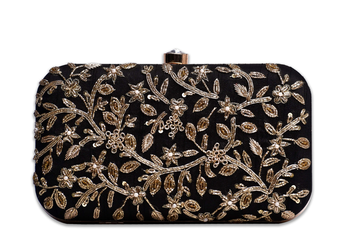 Artklim Black Box Shaped Clutch With Golden, White And Sliver Work