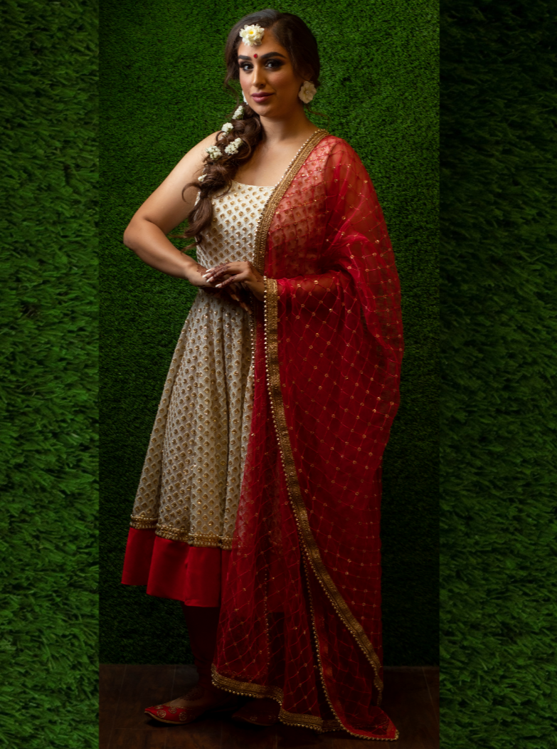  Short Knee-length Anarkali in Red & White