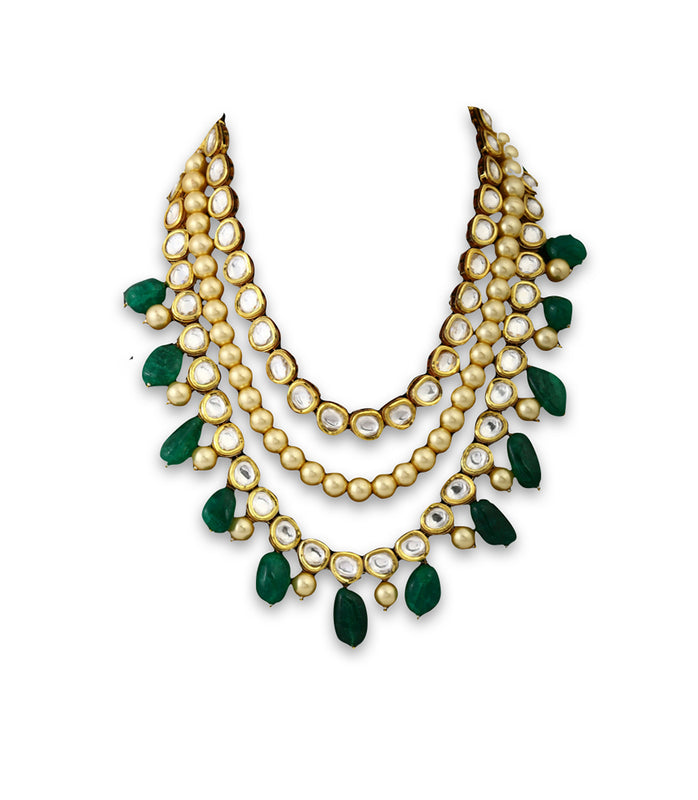 Trinity Multi-layered Necklace With Emeralds & Kundan - bAnuDesigns