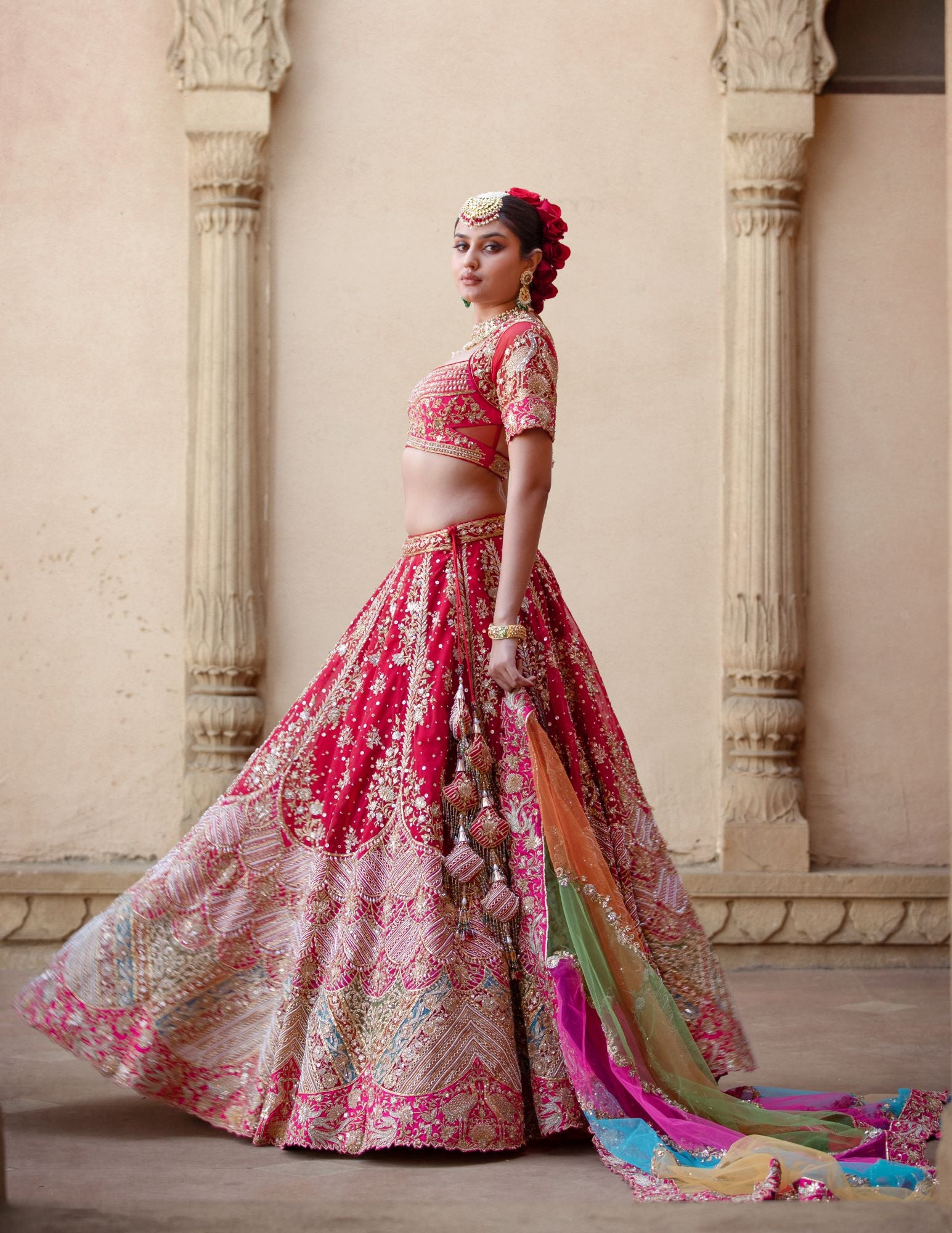Pink heavy embroidered Indian wedding lehenga choli 13179