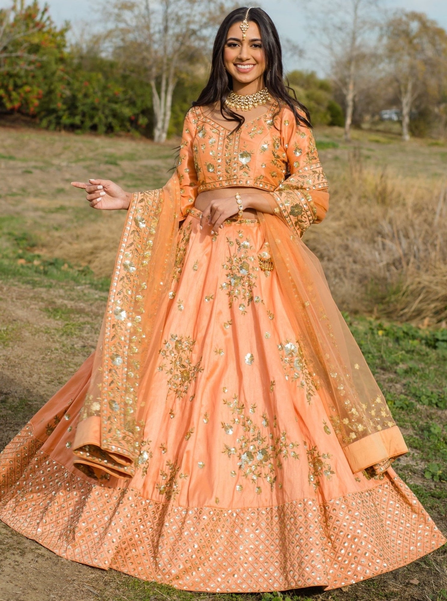 Peach Color Lehenga For Reception Engagement Silk Bridal Lengha B Anu Designs