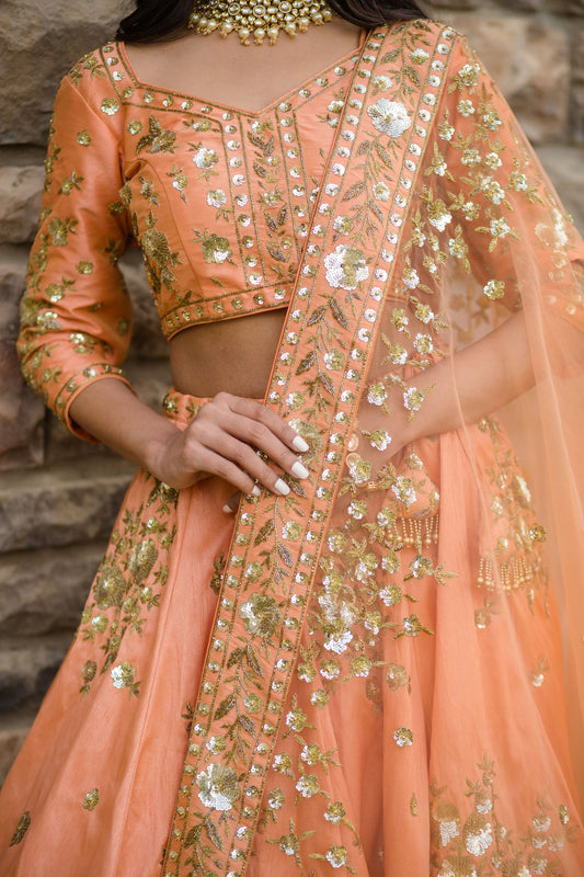 Peach Bridal Lehenga choli with Dabka & Sequins embroidery
