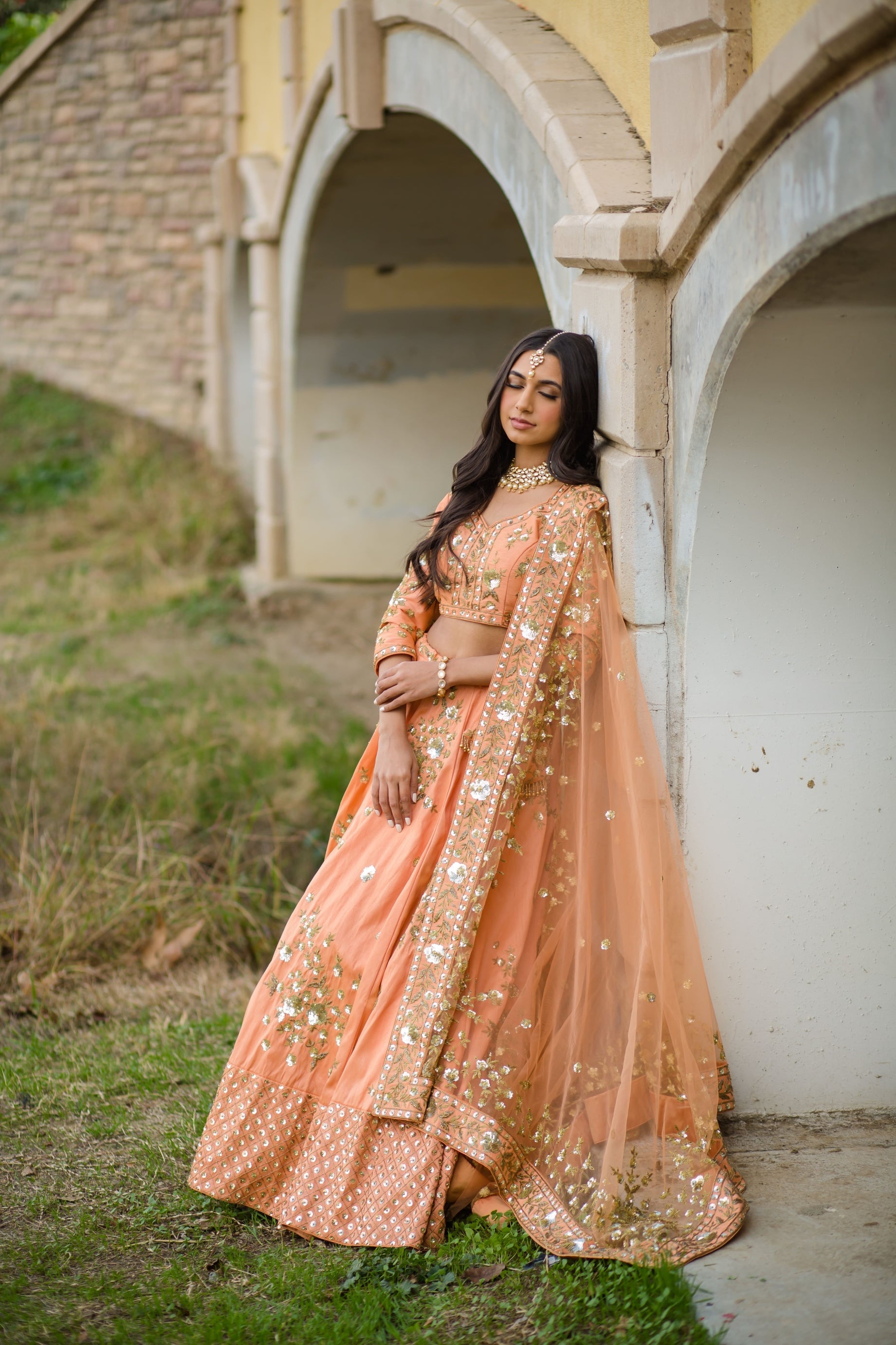 Royal Peach Color Satin Silk Base Flared Bridal Lehenga Choli