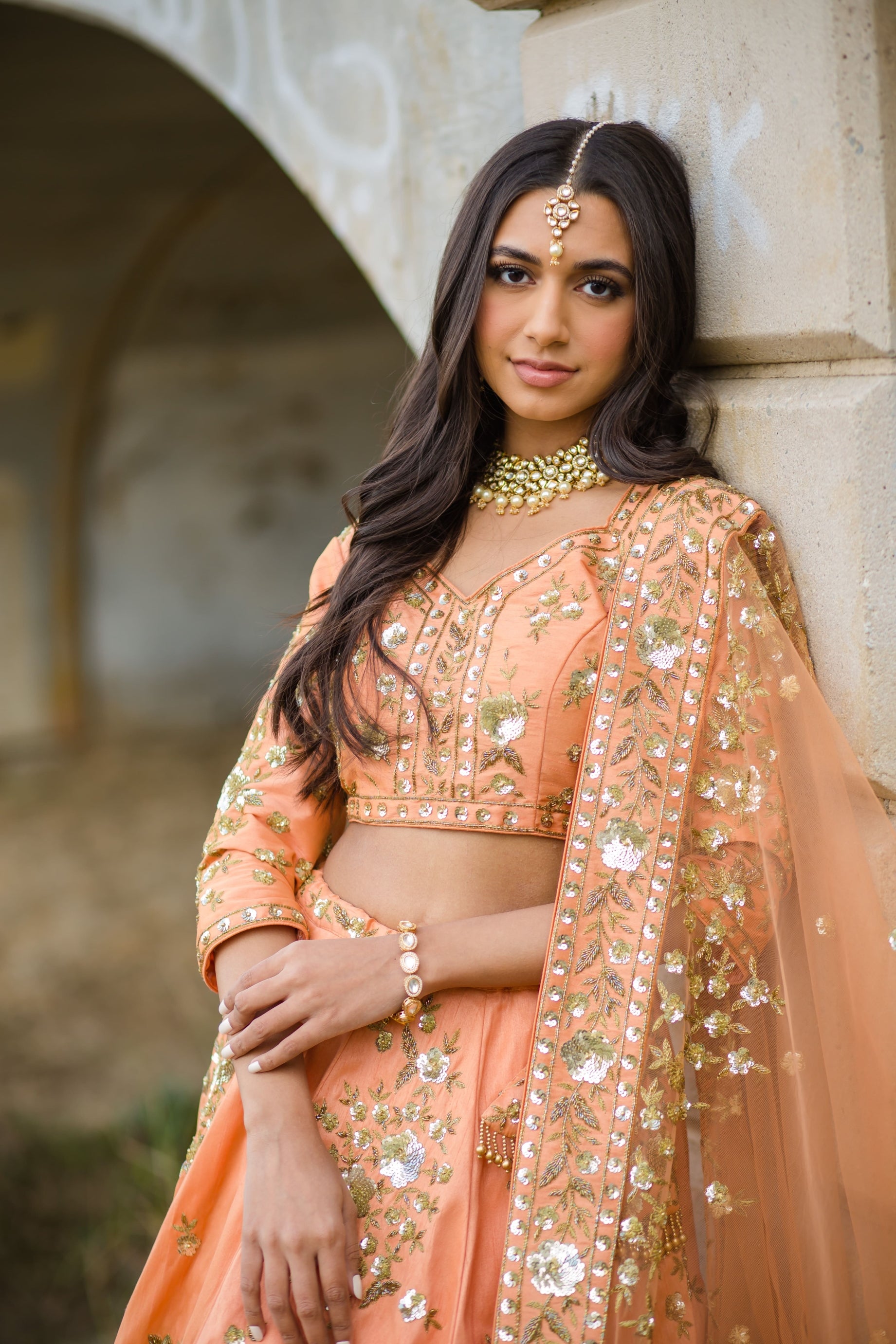 Embellished Peach and Gold Lehenga for Bride #BN1231
