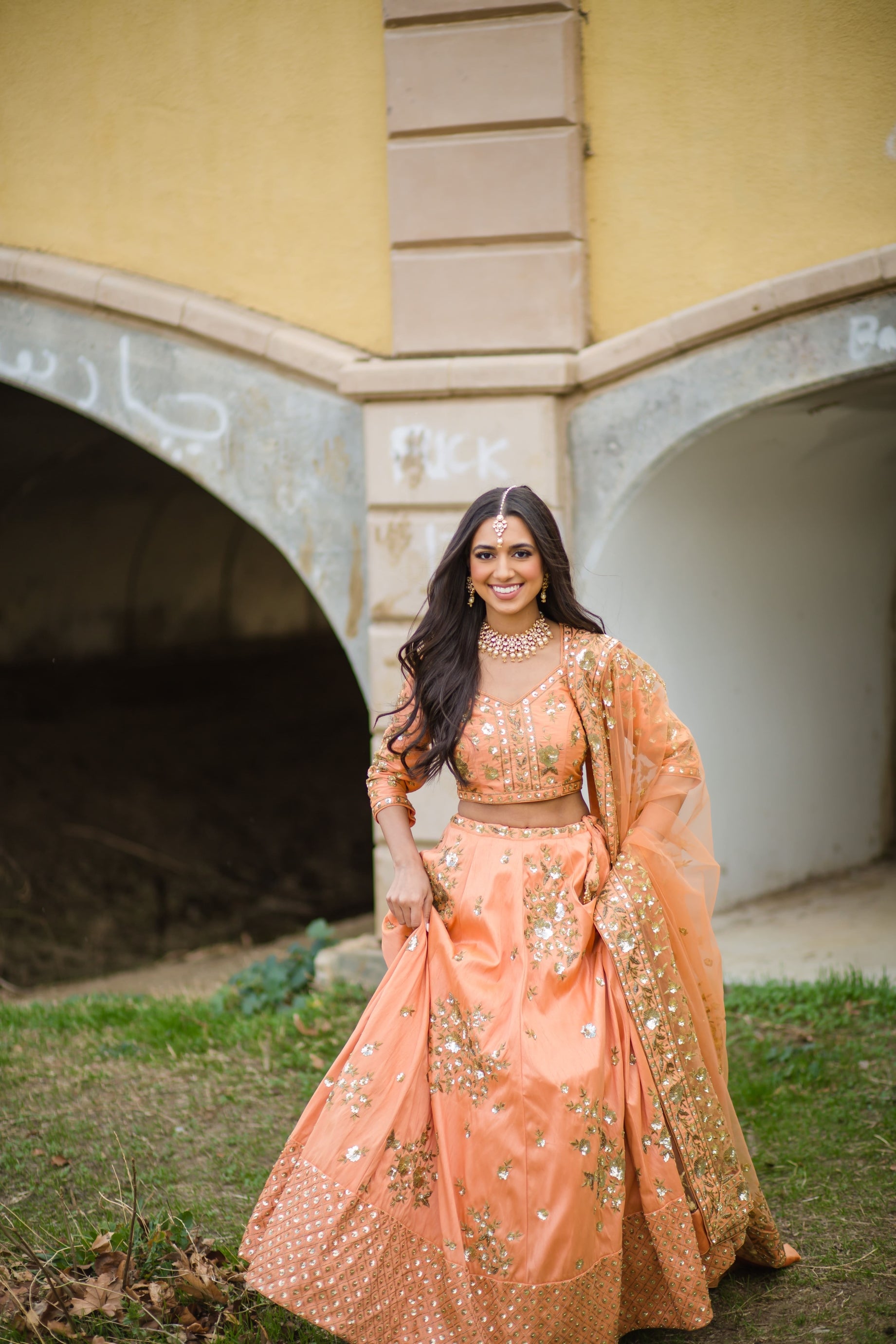 peach Indian Pakistani Heavily Embroidered Bridal Wedding Dress - trail gown  | eBay