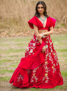 Hot pink Velvet Embroidered Lehenga choli with attached frill dupatta