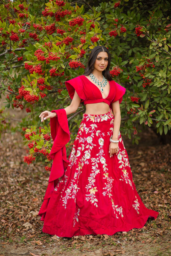 Load image into Gallery viewer, Hot pink Velvet Embroidered Lehenga choli with attached frill dupatta
