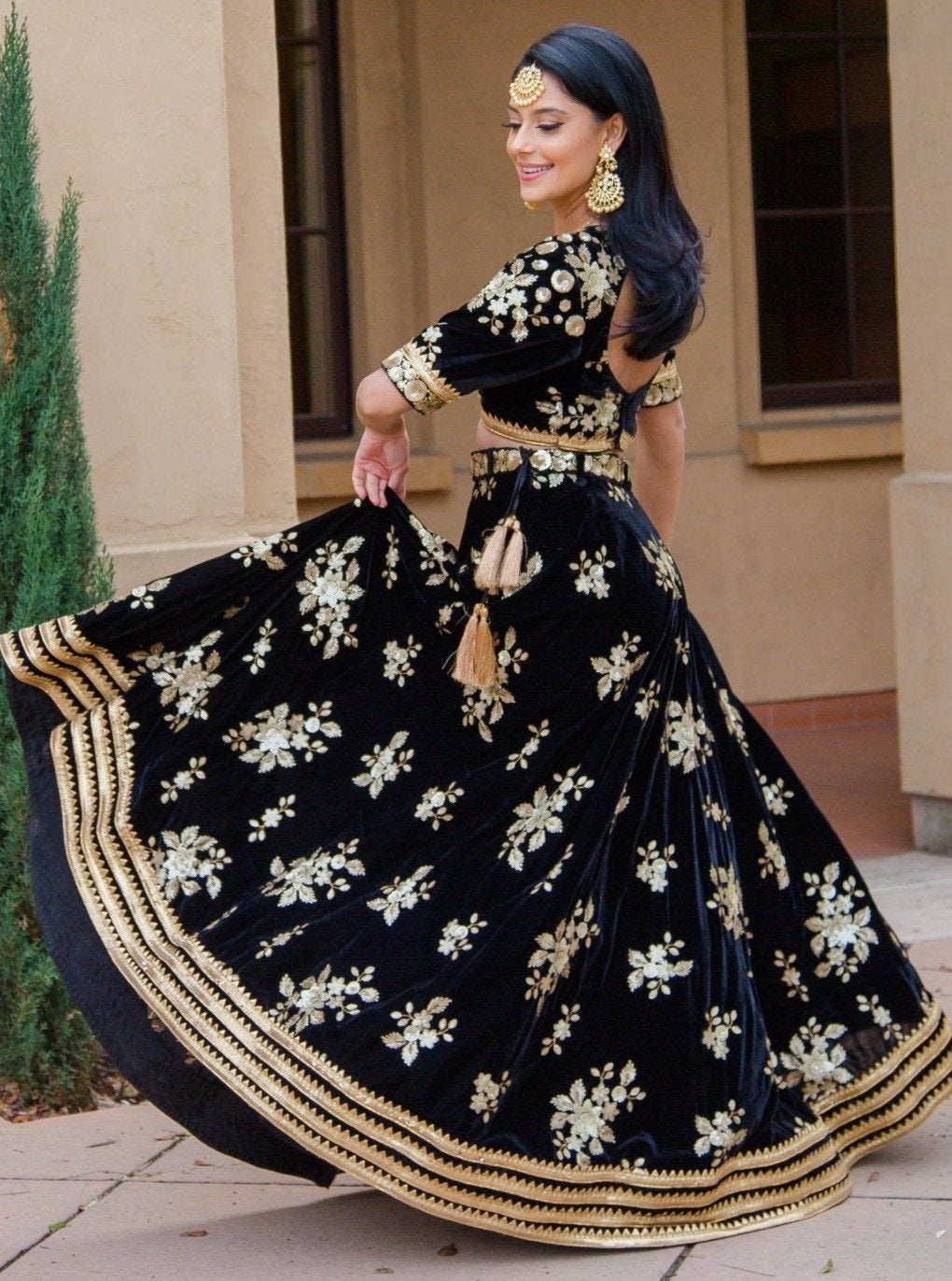 Black Velvet Lehenga with choli blouse & gold Sequins embroidery
