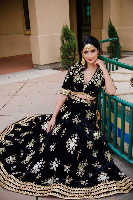 Black Velvet Lehenga with choli blouse & gold Sequins embroidery