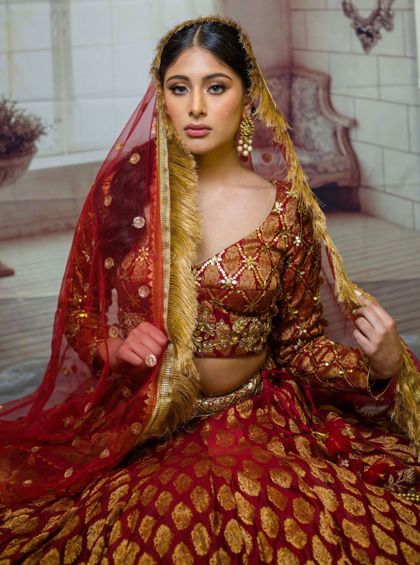 Lease Red Bridal Silk Lehenga|Gold Sequin Work|Ayrela