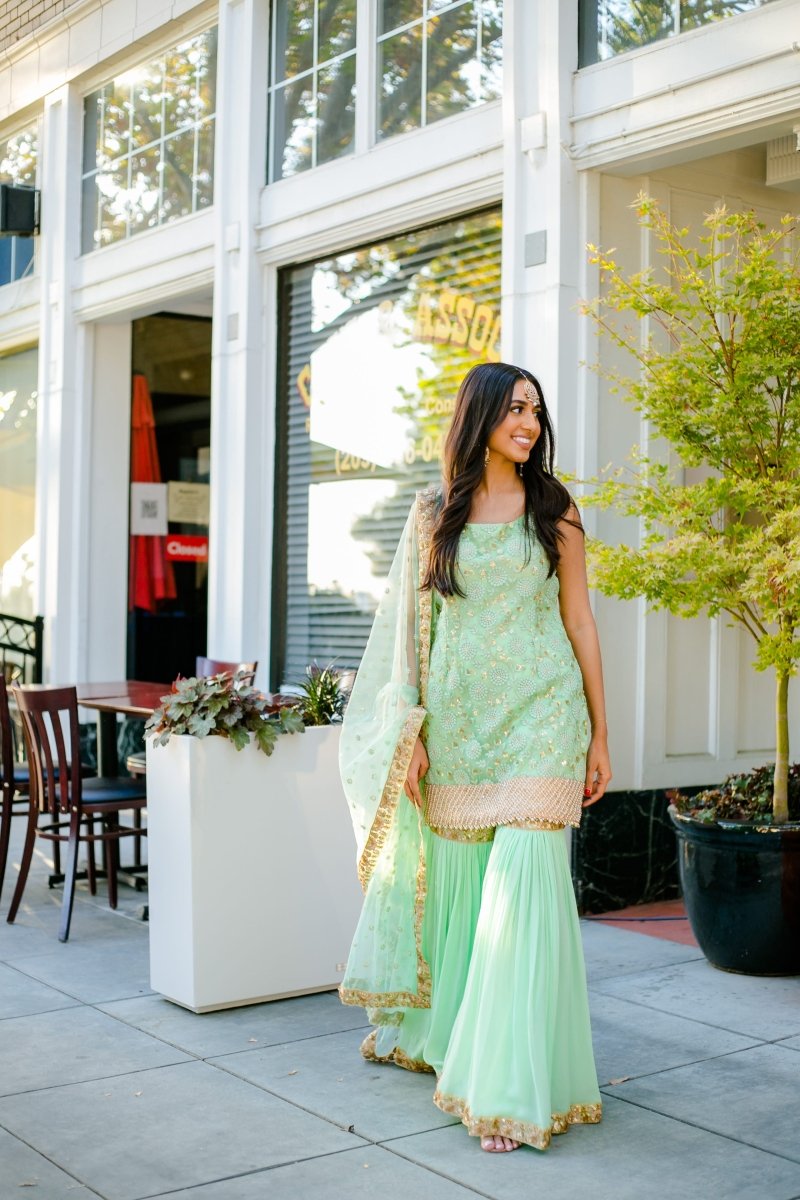 Mint Green Sharara Suit: Sleeveless kurti with heavy embroidery Banu Designs Mint Green Sharara Suit: Sleeveless kurti with heavy embroidery Banu Designs