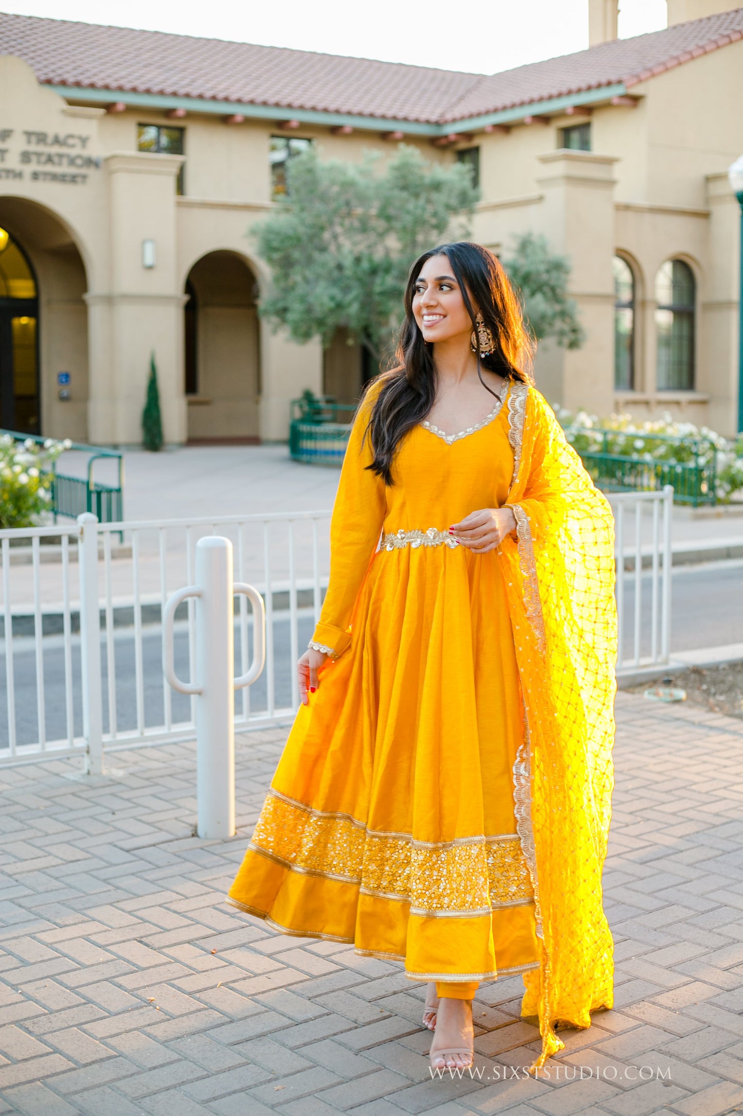 yellow georgette embroidered front slit long anarkali suit 1001