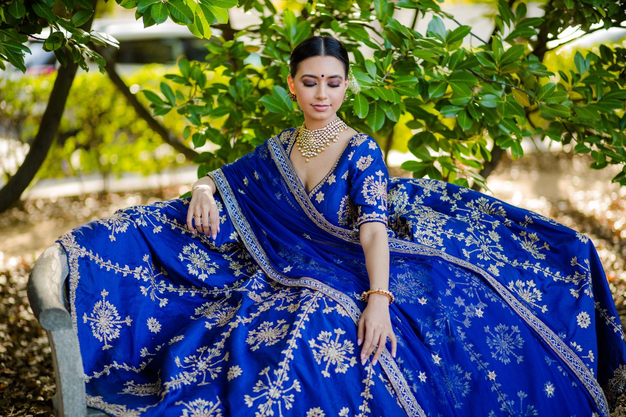 A stone studded dark blue lehenga, glittery ayes, soft curls and dewy  makeup.. for my engagement and marriage registration 💙✨ : MUA:… | Instagram