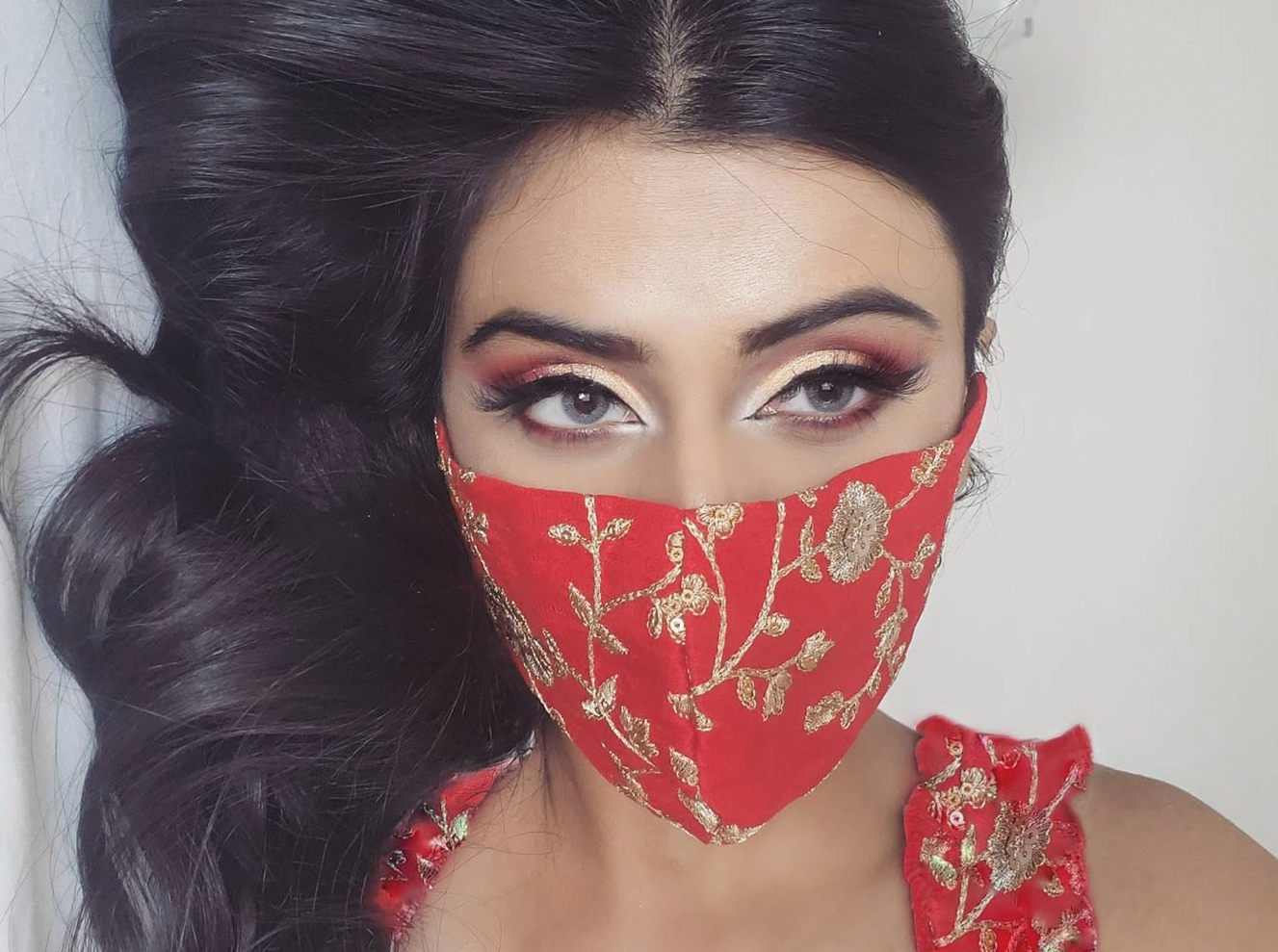 Indian Bridal Face Mask - Red in sequin embroidery