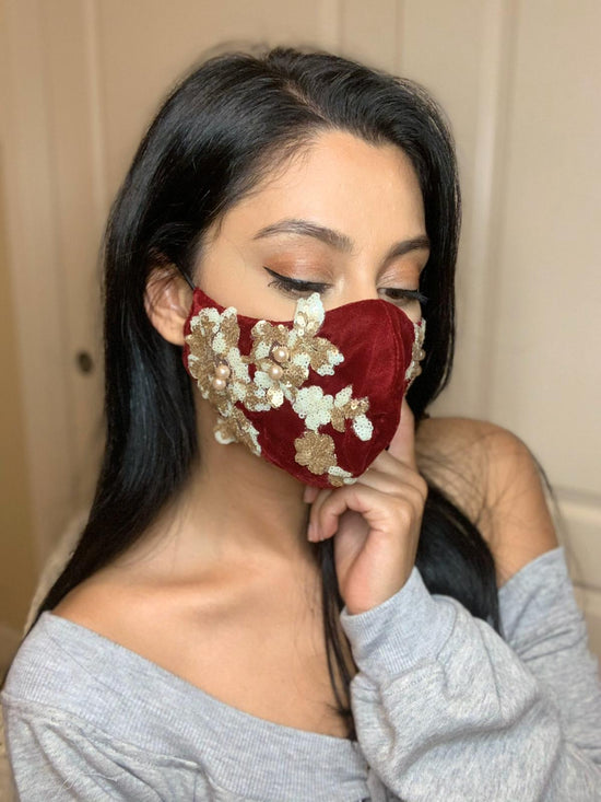 Velvet Face Mask - Red Designer Cloth Face Mask - bAnuDesigns