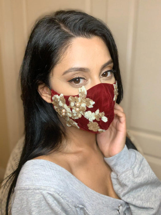 Velvet Face Mask - Red Designer Cloth Face Mask - bAnuDesigns
