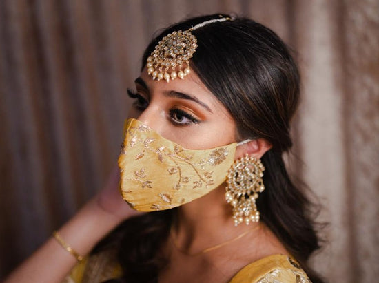Load image into Gallery viewer, Bridal Silk Embroidery Face Mask - Yellow Gold - bAnuDesigns
