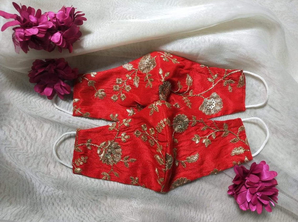 Indian Bridal Face Mask - Red in sequin embroidery