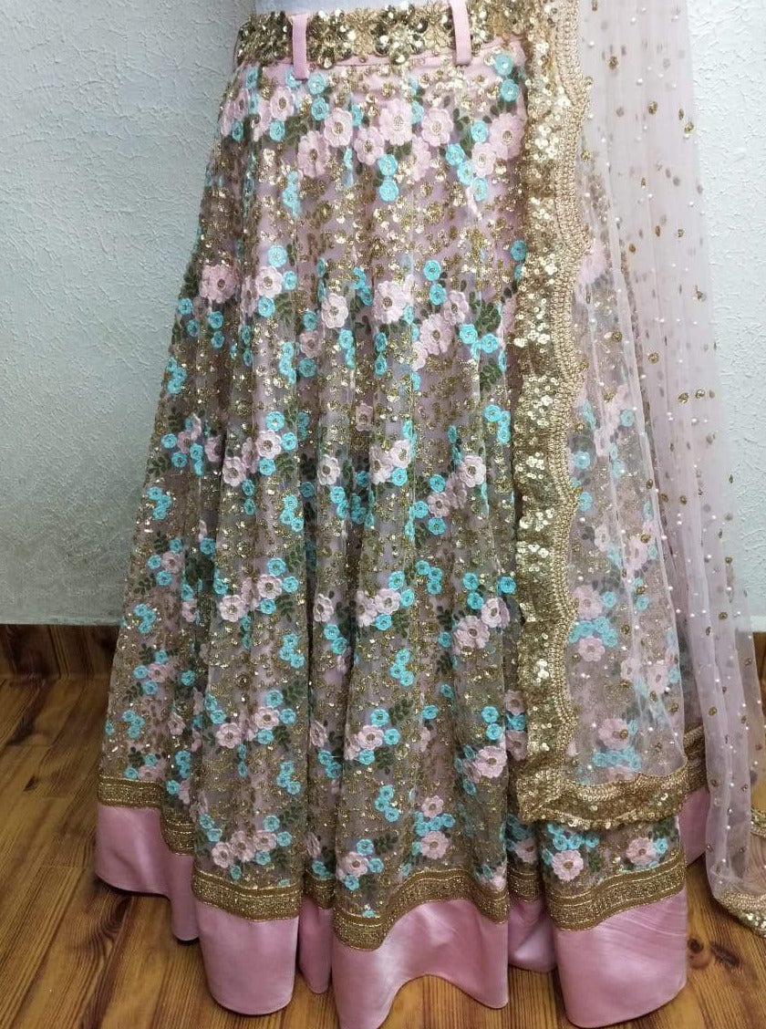 Baby Pink Net Lehenga with Sweetheart Neckline Blouse