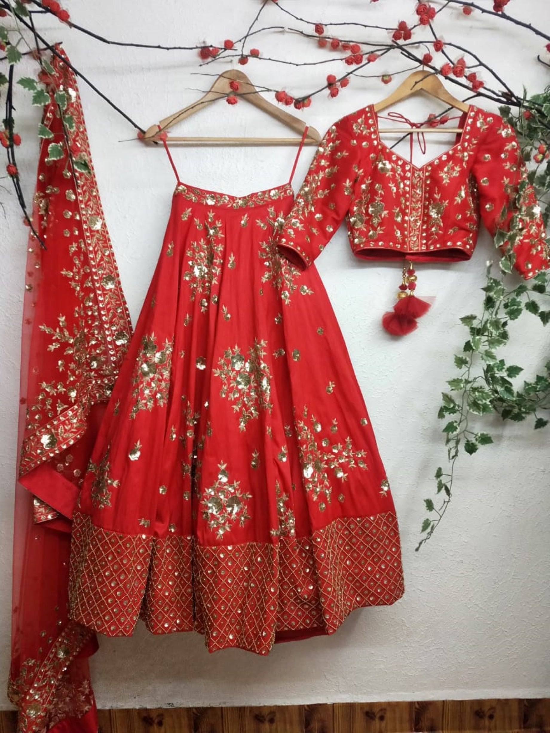 Classic red raw silk Bridal Lehenga choli with Dabka & Sequin embroidery