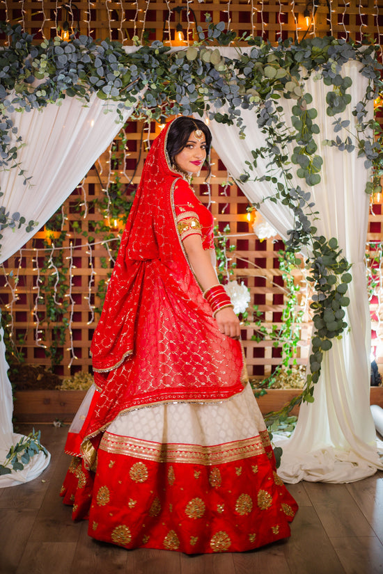 Red and White Minimalist Silk Lehenga for Modern Brides