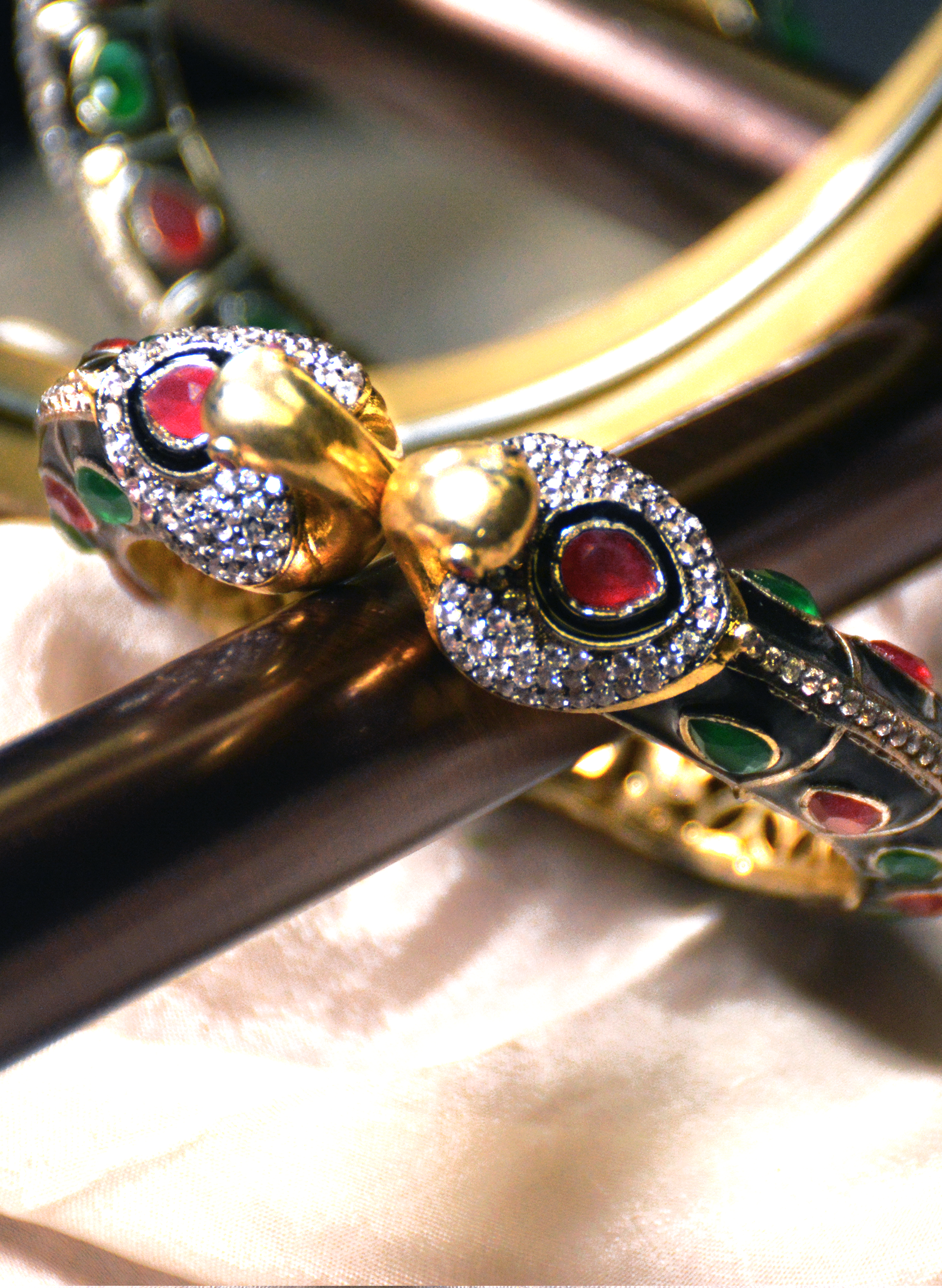 Swan Cuff bracelet with Rubys and Emeralds