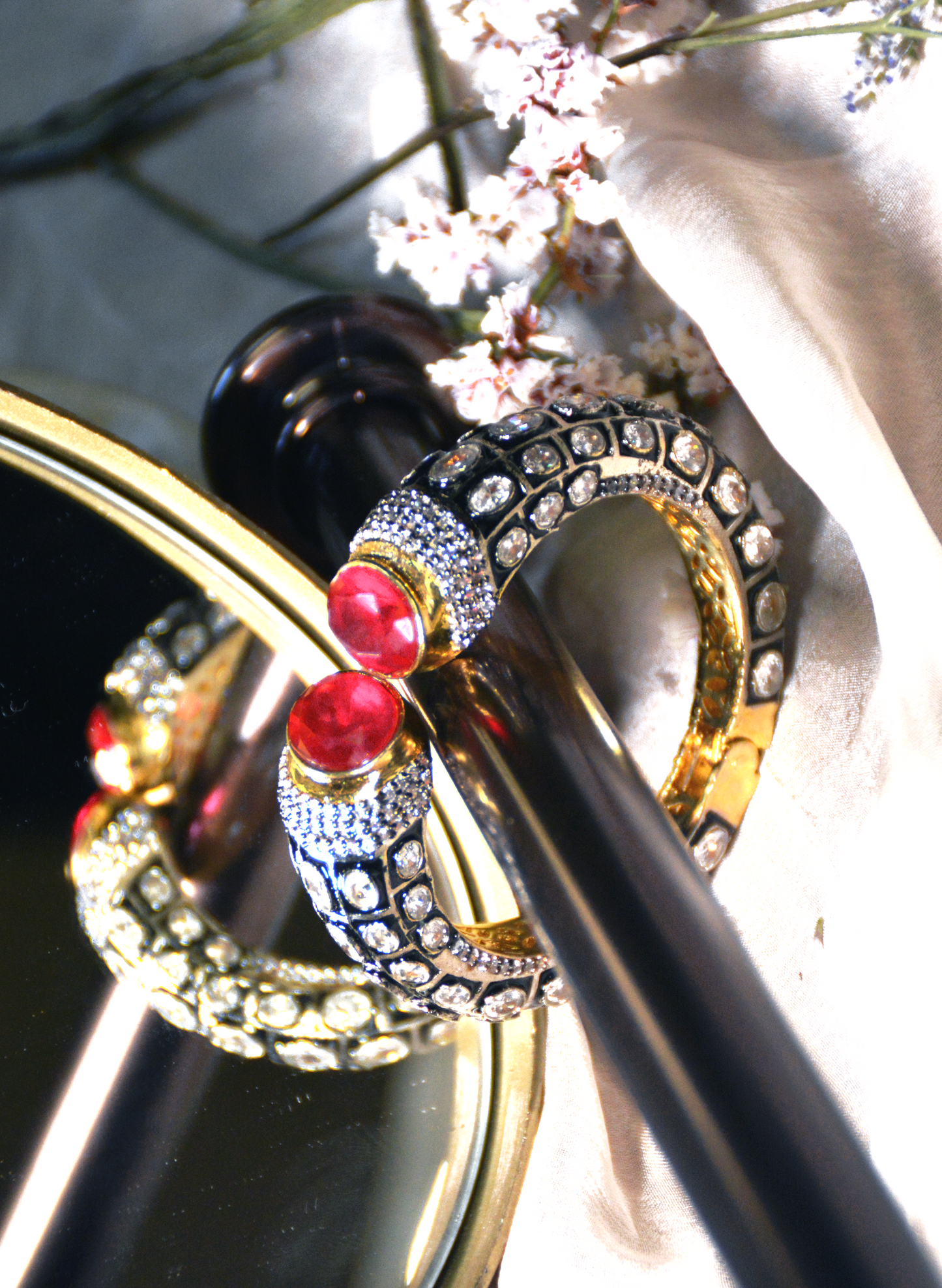 Load image into Gallery viewer, Ruby end Cuff bracelet with CZ stones
