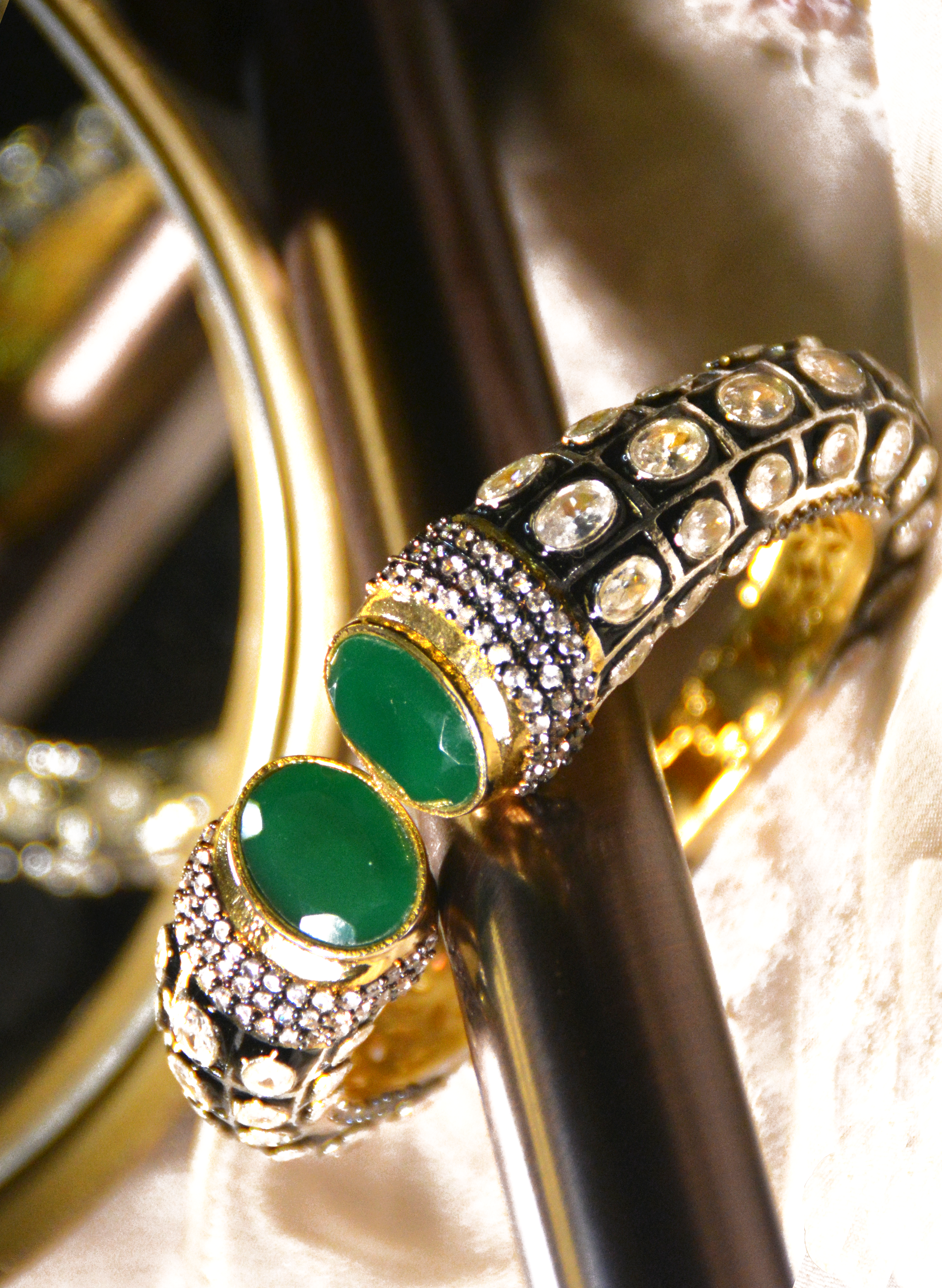 Emerald stone ends on Indian cuff bracelet