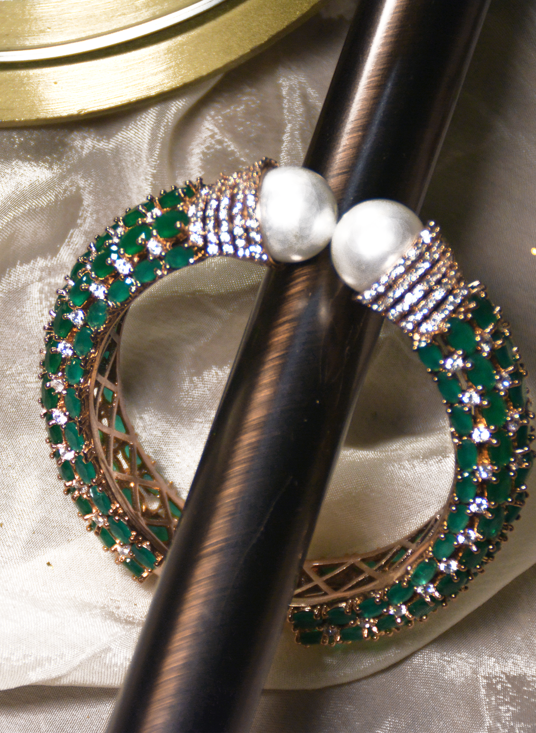 Emerald Cuff bracelet with CZ crystals & pearls