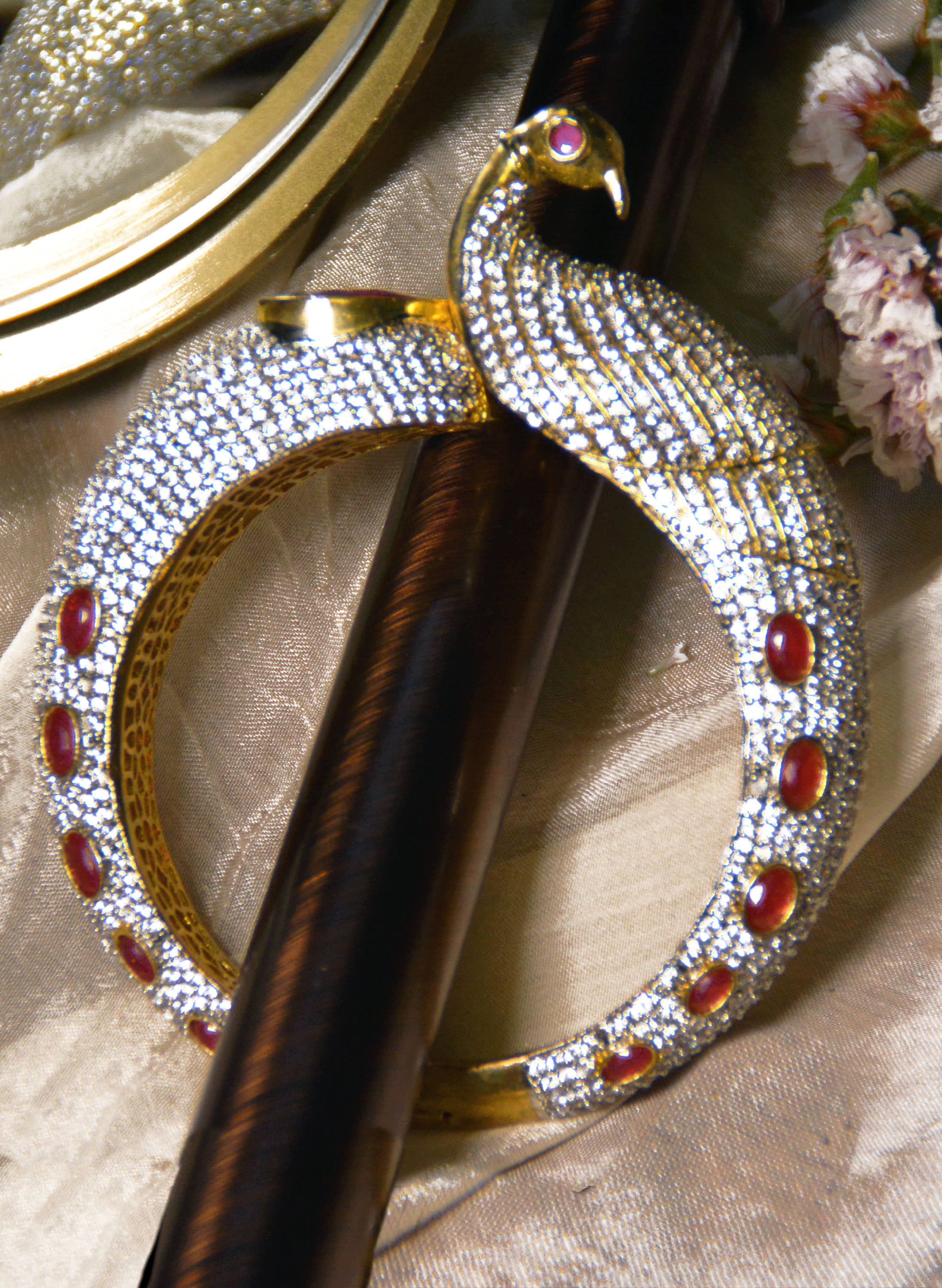Swan cuff bracelet with red onyx & CZ stones