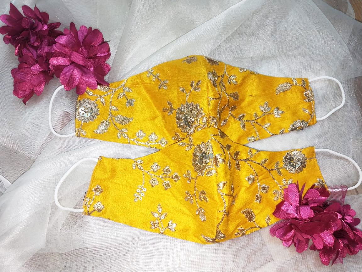Bridal Silk Embroidery Face Mask - Yellow Gold - bAnuDesigns
