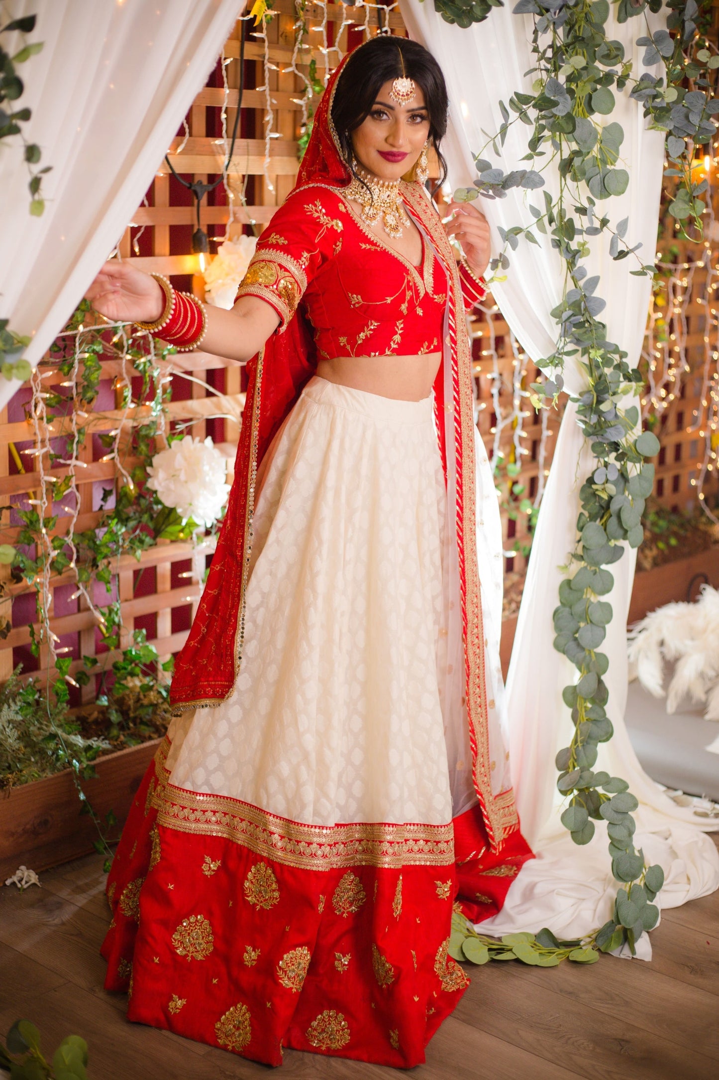 Red and White Minimalist Silk Lehenga for Modern Brides
